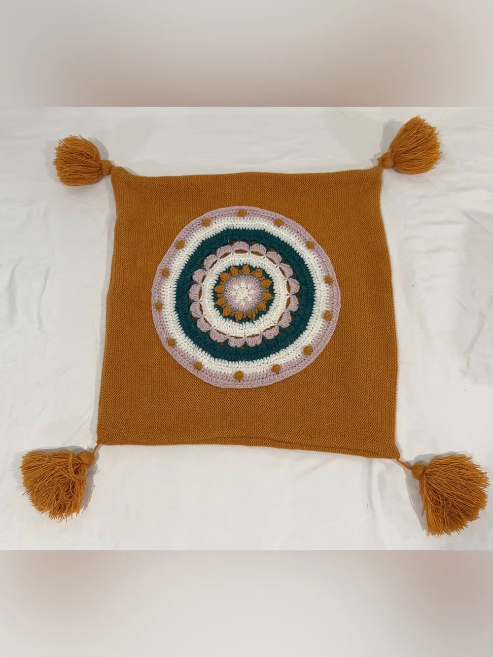 Vintage Crocheted Mandala Bohemian Tasseled Square Pillow Sham Cover, Ziptop